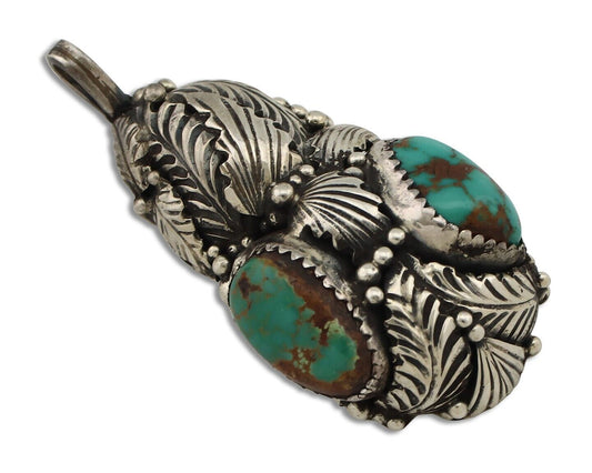 Navajo Pendant 925 Silver Natural Mined High Grade Turquoise Signed Tom Willeto