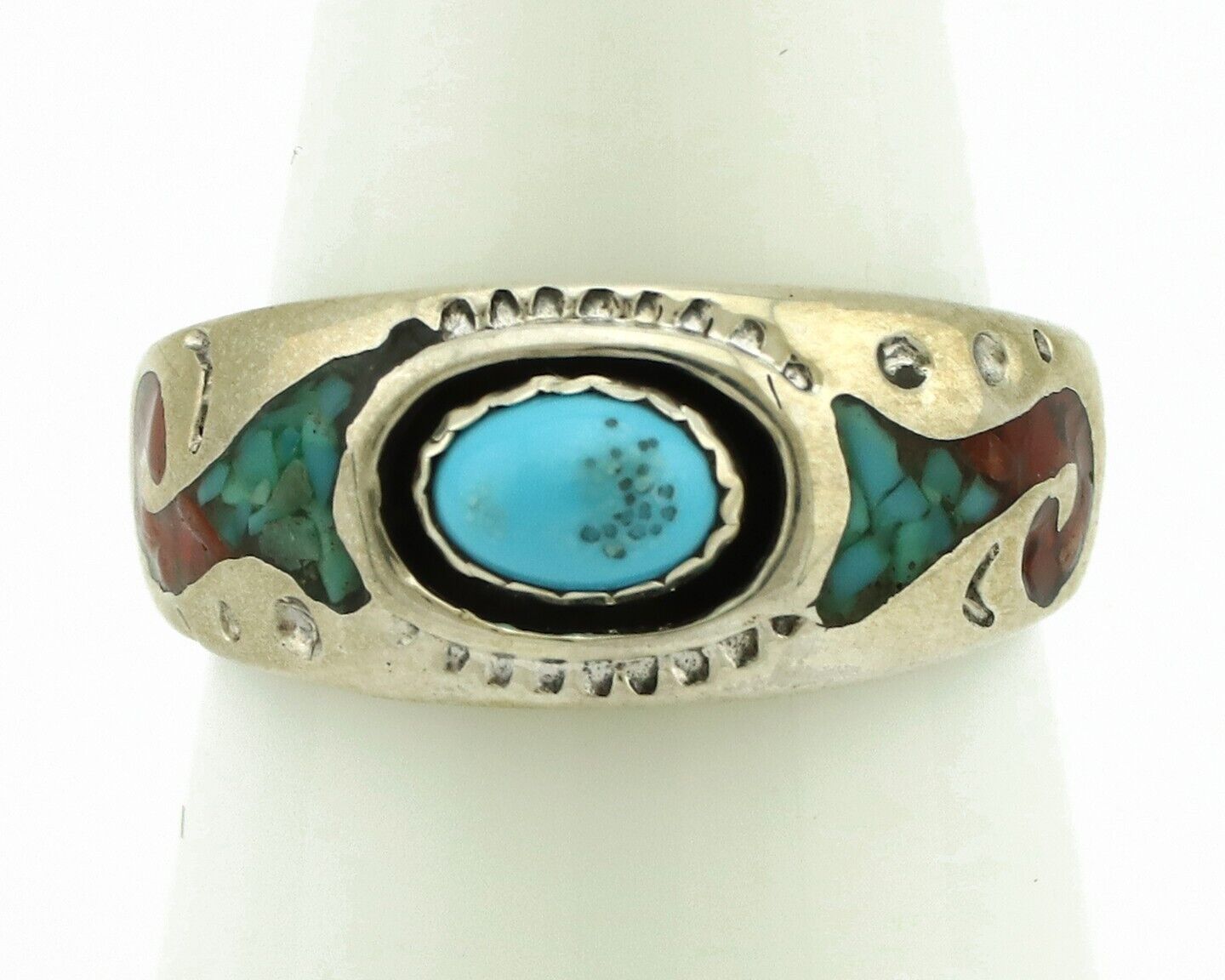 Navajo Handmade Ring 925 Silver Blue Turquoise & Coral Native American C.80's