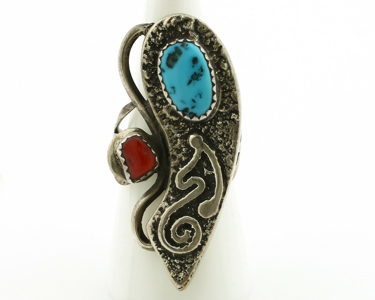 Navajo Ring .925 Silver Turquoise & Coral Native American Artist C.1980's