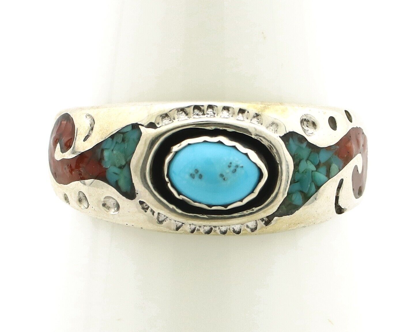 Navajo Inlay Band Ring 925 Silver Turquoise & Coral Native Artist C.80's