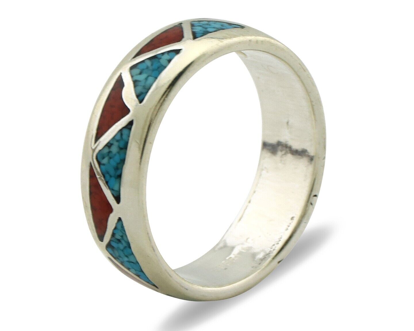 Navajo Chip Inlay Ring 925 Silver Sleeping Beauty Turquoise & Coral Silver Cloud