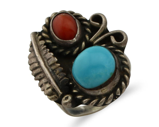 Navajo Handmade Ring 925 Silver Turquiose & Coral Native American Artist C.80's