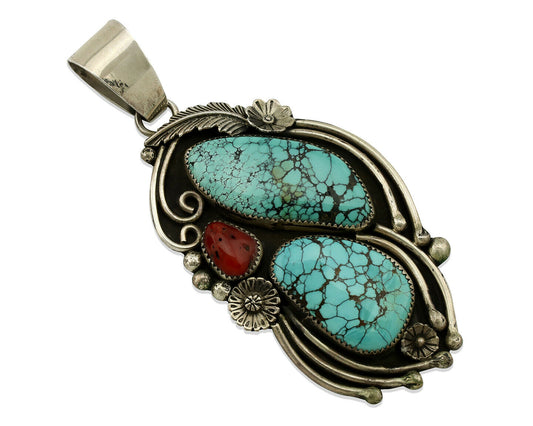 Navajo Necklace .925 Silver Spiderweb Turquoise Coral Signed JR C.80's