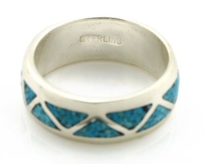 Navajo Chip Inlay Ring 925 Silver Sleeping Beauty Turquoise Artist Silver Cloud