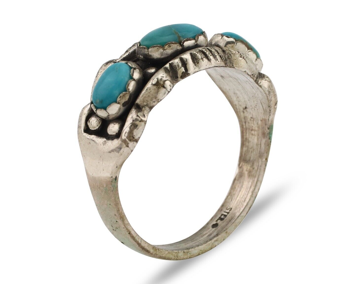 Navajo Ring .925 Silver Natural Blue Turquoise Artist Signed Sun Bell C.80's