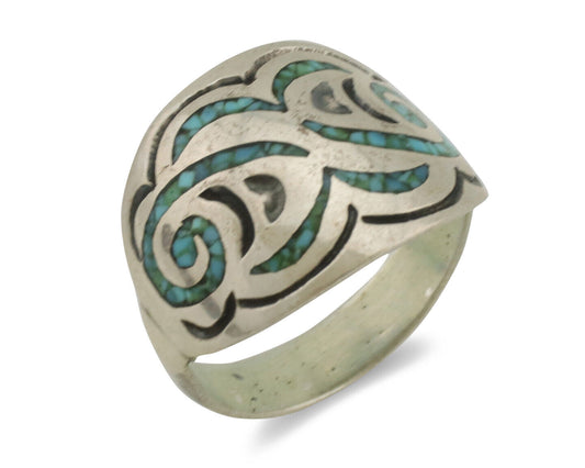 Navajo Ring 925 Silver Chip Inlay Turquoise Artist Signed Thomas Singer C.80's