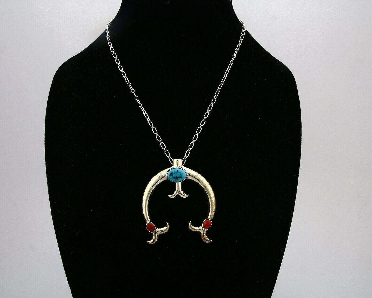 Navajo Necklace .925 Silver Natural Red Coral Turquoise Artist Native C.80's