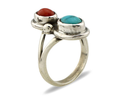 Navajo Handmade Ring 925 Silver Coral & Turquoise Native American Artist C.80's