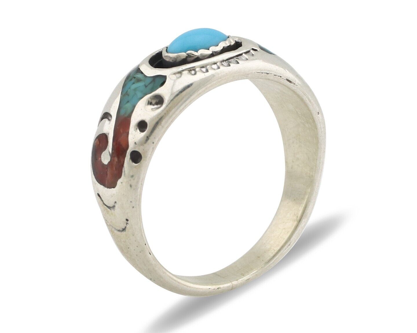 Navajo Handmade Ring 925 Silver Blue Turquoise & Coral Native American Artist