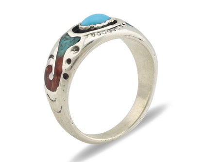 Navajo Handmade Ring 925 Silver Blue Turquoise & Coral Native American Artist