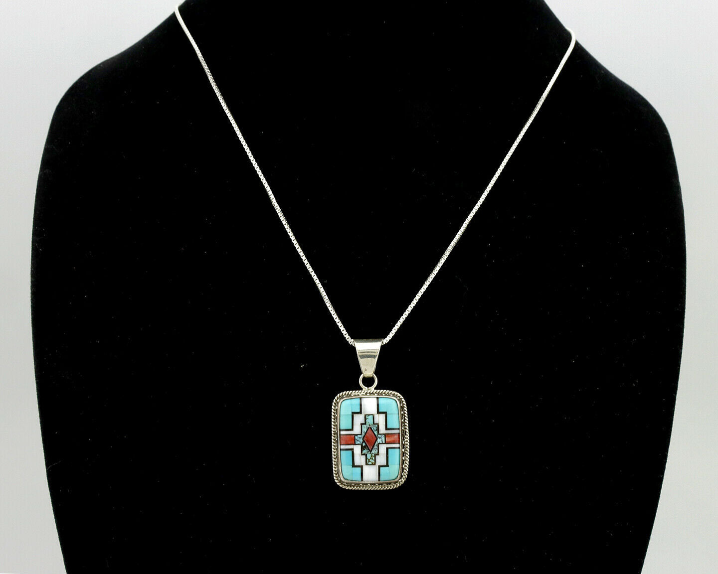 Navajo Handmade Inlaid Gemstone Pendant .925 Silver Signed SN C.80's