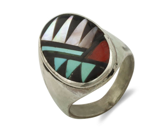 Zuni Inlaid Ring .925 Silver Gemstone Artist Native American C.1980's