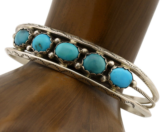 Navajo Bracelet .925 Silver Natural Blue Southwest Turquoise Signed R C.80's