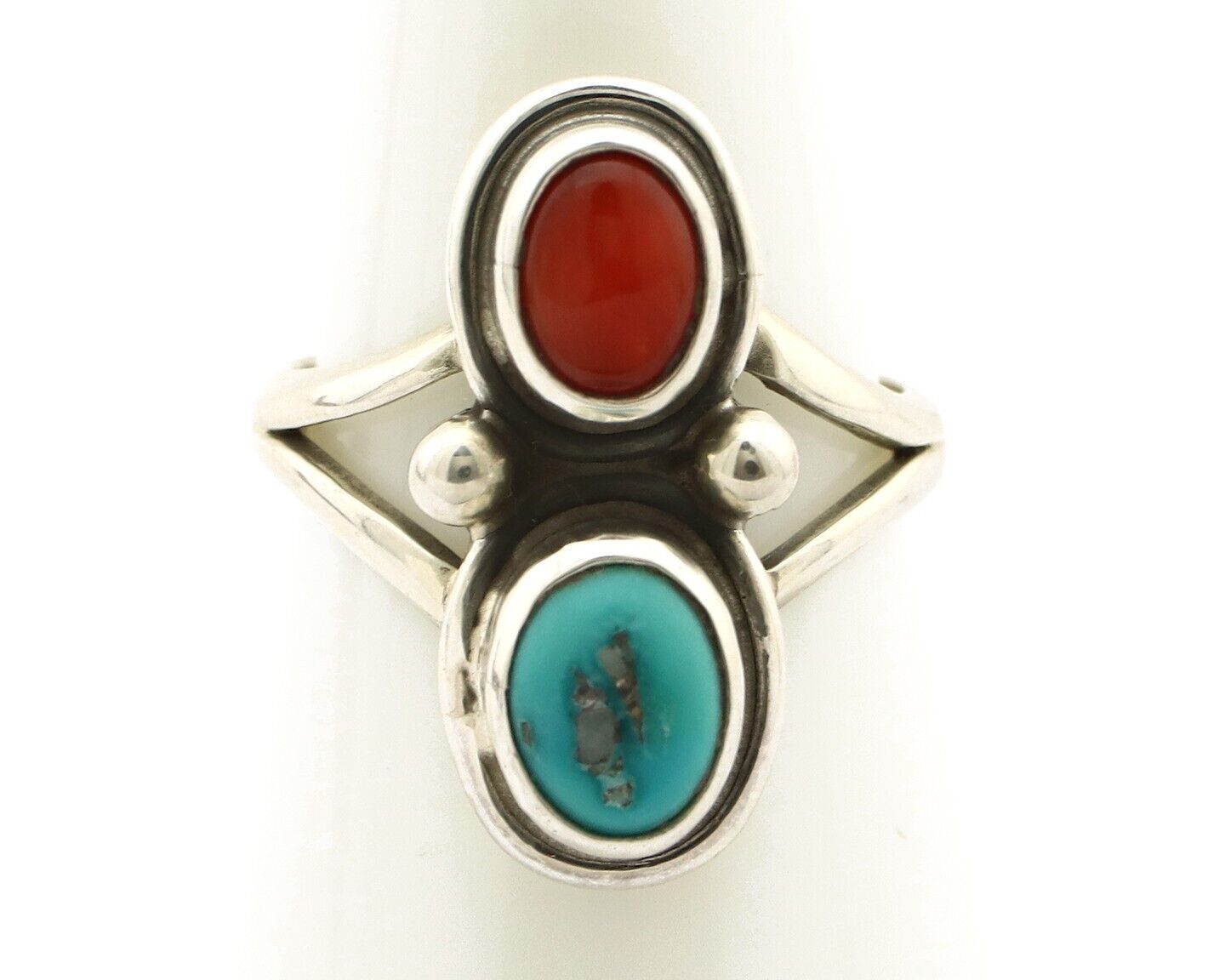 Navajo Handmade Ring 925 Silver Coral & Turquoise Native American Artist C.80's