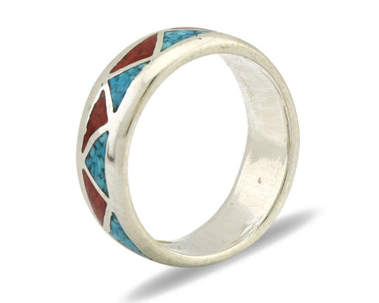 Navajo Chip Inlay Ring 925 Silver Sleeping Beauty Turquoise & Coral Silver Cloud