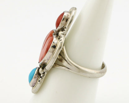 Navajo Ring .925 Silver Natural Coral & Turquoise Signed Carrol Felley C.80's