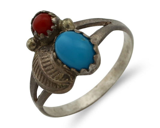 Navajo Handmade Ring 925 Silver Turquiose & Coral Native American Artist C.80's