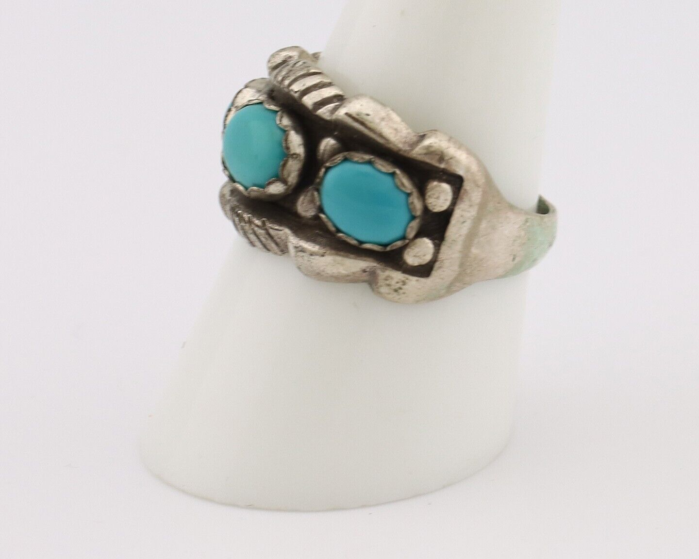 Navajo Ring .925 Silver Natural Blue Turquoise Artist Signed Sun Bell C.80's