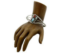 Navajo Bracelet .925 Silver Turquoise & Red Coral Signed SC Cuff Circa 1980s
