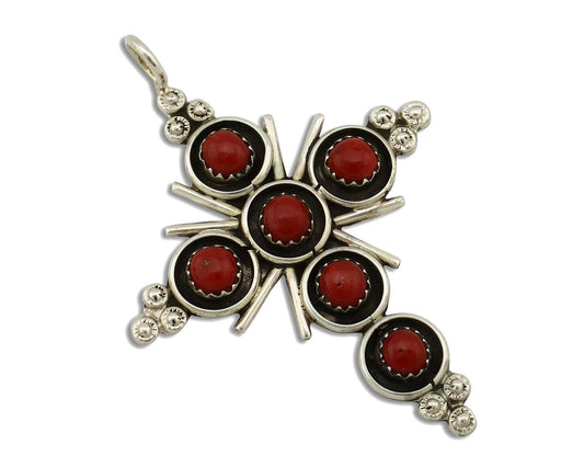 Zuni Handmade Cross Necklace 925 Silver Red Coral Artist Signed NOM? C.80's