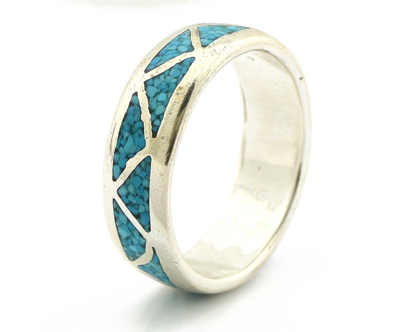 Navajo Chip Inlay Ring 925 Silver Sleeping Beauty Turquoise Artist Silver Cloud