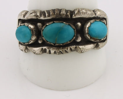 Navajo Ring .925 Silver Natural Blue Turquoise Artist Signed Sun Bell C.80's