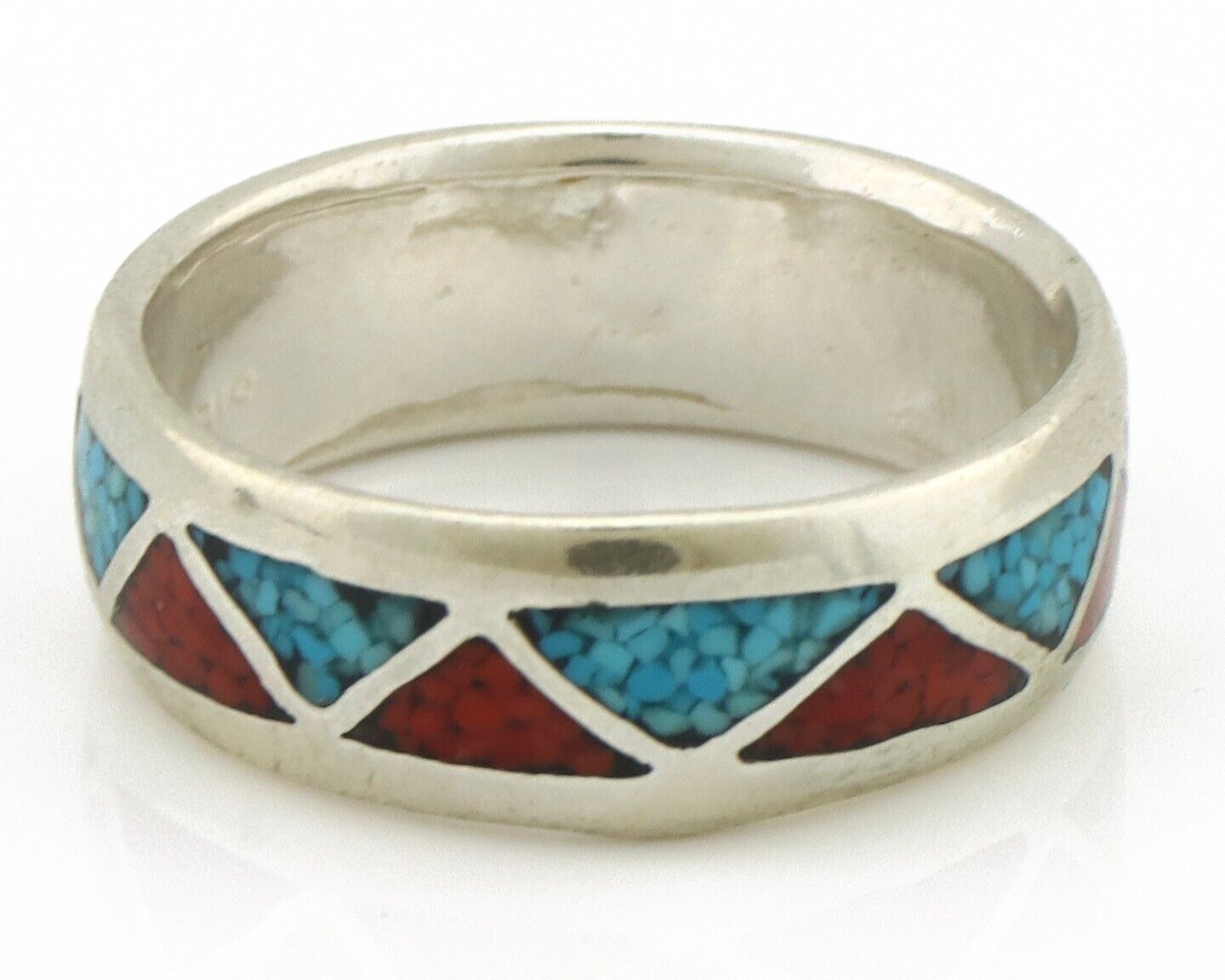 Navajo Ring 925 Silver Natural Turquoise & Coral Native American Artist C.80's