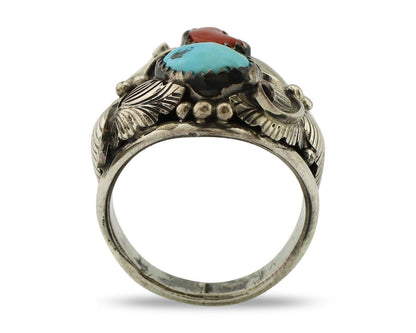 Navajo Ring 925 Silver Blue Turquiose & Mediterranean Coral Native Artist C.80's