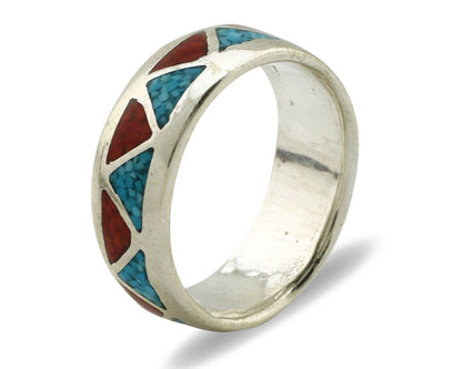 Navajo Chip Inlay Ring 925 Silver Sleeping Beauty Turquoise & Coral Silver Cloud