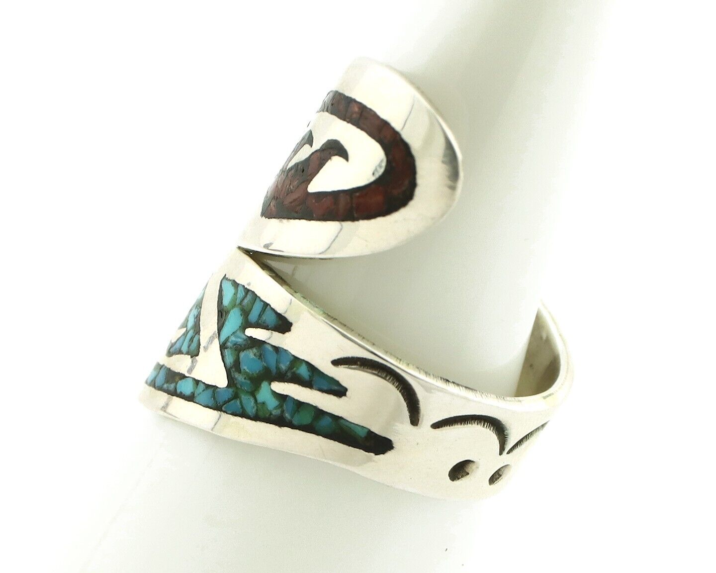 Navajo Chip Inlay Ring 925 Silver Turquoise & Coral Artist Native Artist C.80's