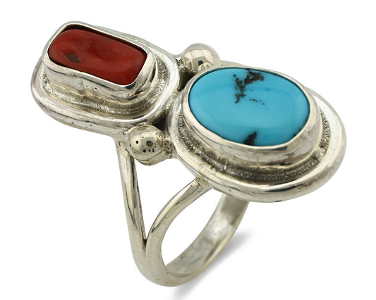 Navajo Ring .925 Silver Blue Turquoise & Red Coral Native American Artist C.80's