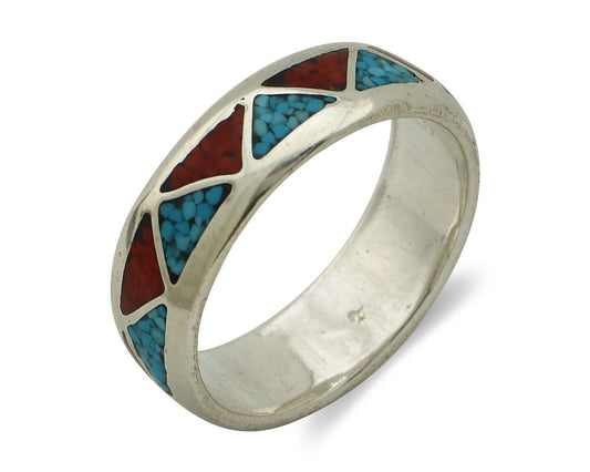 Navajo Chip Inlay Ring 925 Silver Sleeping Beauty Turquoise & Coral Silver Cloud