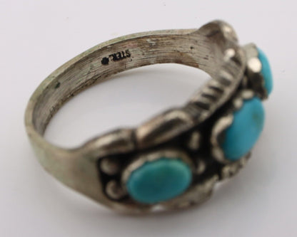 Navajo Ring .925 Silver Natural Blue Turquoise Artist Signed Sun Bell C.80's