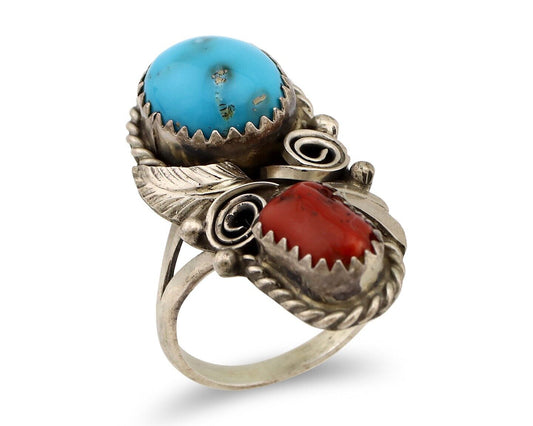 Navajo Ring 925 Silver Blue Turquiose & Coral Artist Signed Justin Morris C.80's