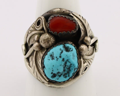 Zuni Ring 925 Silver Blue Turquoise & Coral Artsti Signed Patsy Allopowa C.80's