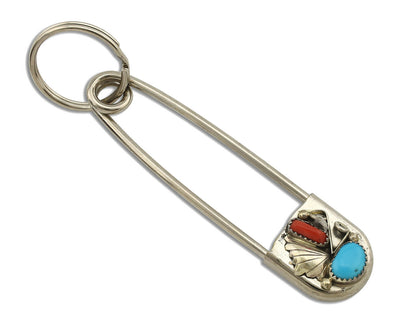 Navajo Handmade Key Chain .925 Silver Blue Turquoise & Coral Native Artist C80s