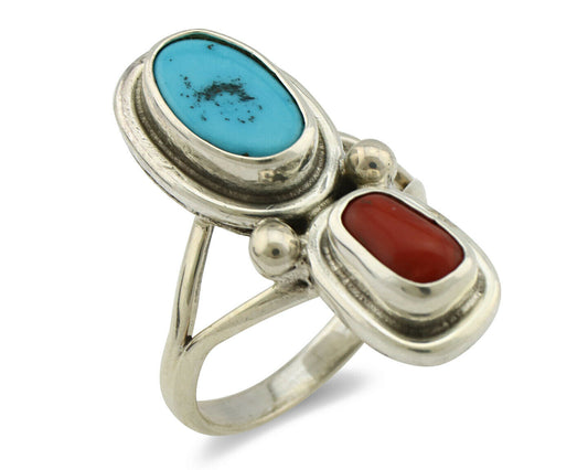 Navajo Ring .925 Silver Blue Turquoise & Red Coral Native American Artist C.80's