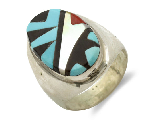 Zuni Inlaid Ring .925 Silver Gemstone Artist Richard & Geneva Terraza C.1980's