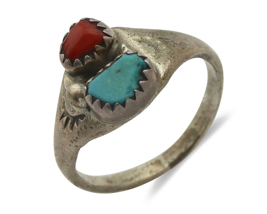 Zuni Ring .925 Silver Natural Turquoise & Coral Native American Artist C.1980's