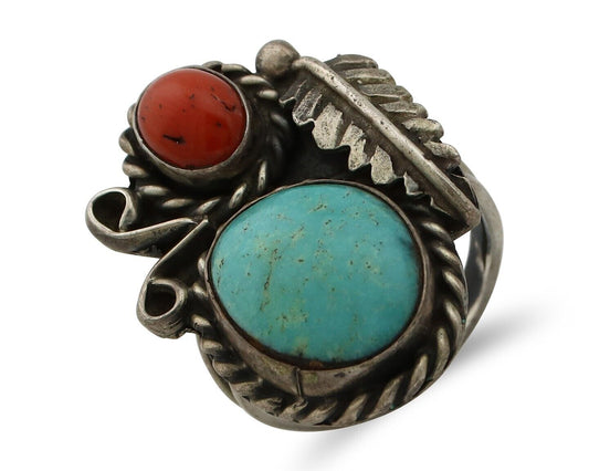 Navajo Handmade Ring 925 Silver Turquiose & Coral Native American Artist C.80's