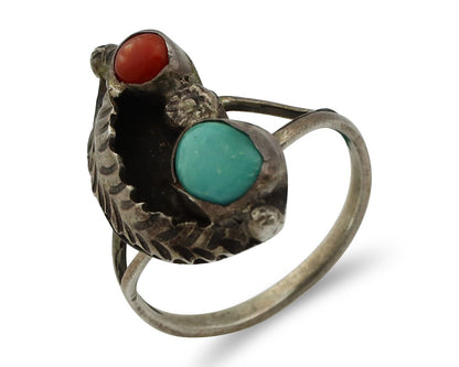 Navajo Handmade Ring 925 Silver Turquiose & Coral Native American Artist C.80's