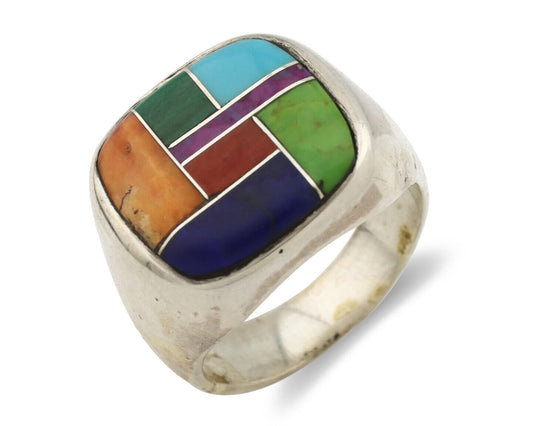 Navajo Inlaid Ring .925 Silver Gemstone Artist Native American C.1980's