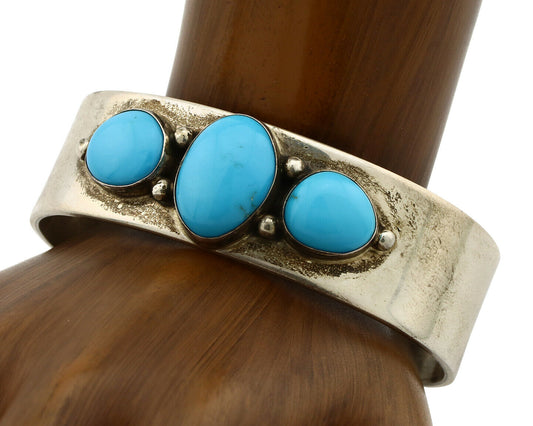 Navajo Bracelet .925 Silver Sleeping Beauty Turquoise Signed J. Linkin C.80's