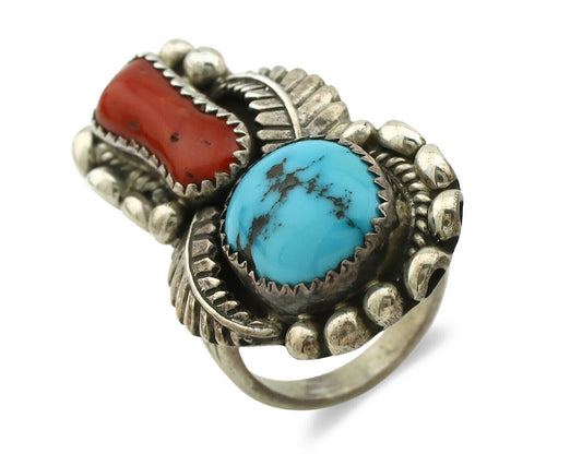 Navajo Ring .925 Silver Turquoise & Coral Artist Signed Thomas Singer C.80's