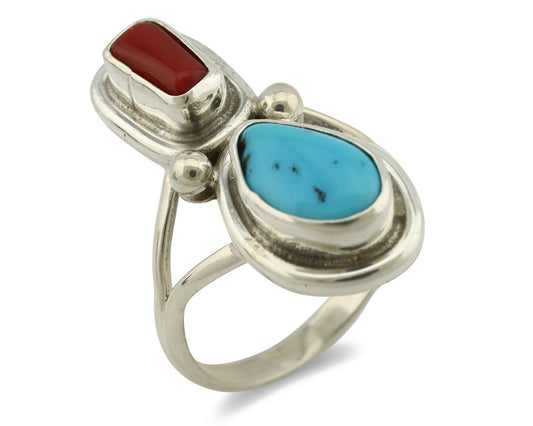 Navajo Ring .925 Silver Blue Turquoise & Red Coral Native American Artist C.80's