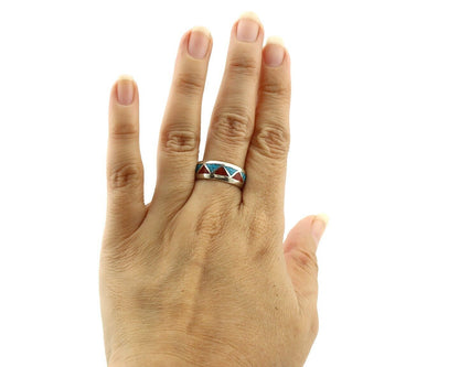 Navajo Chip Inlay Ring 925 Silver Sleeping Beauty Turquoise & Coral Silver Cloud