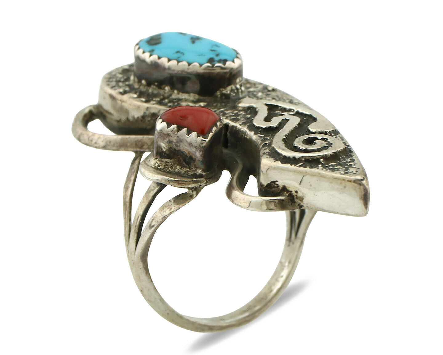 Navajo Ring .925 Silver Turquoise & Coral Native American Artist C.1980's