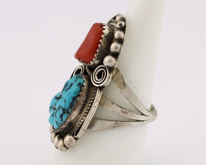 Navajo Ring 925 Silver Blue Turquiose & Coral Artist Signed Justin Morris C.80's