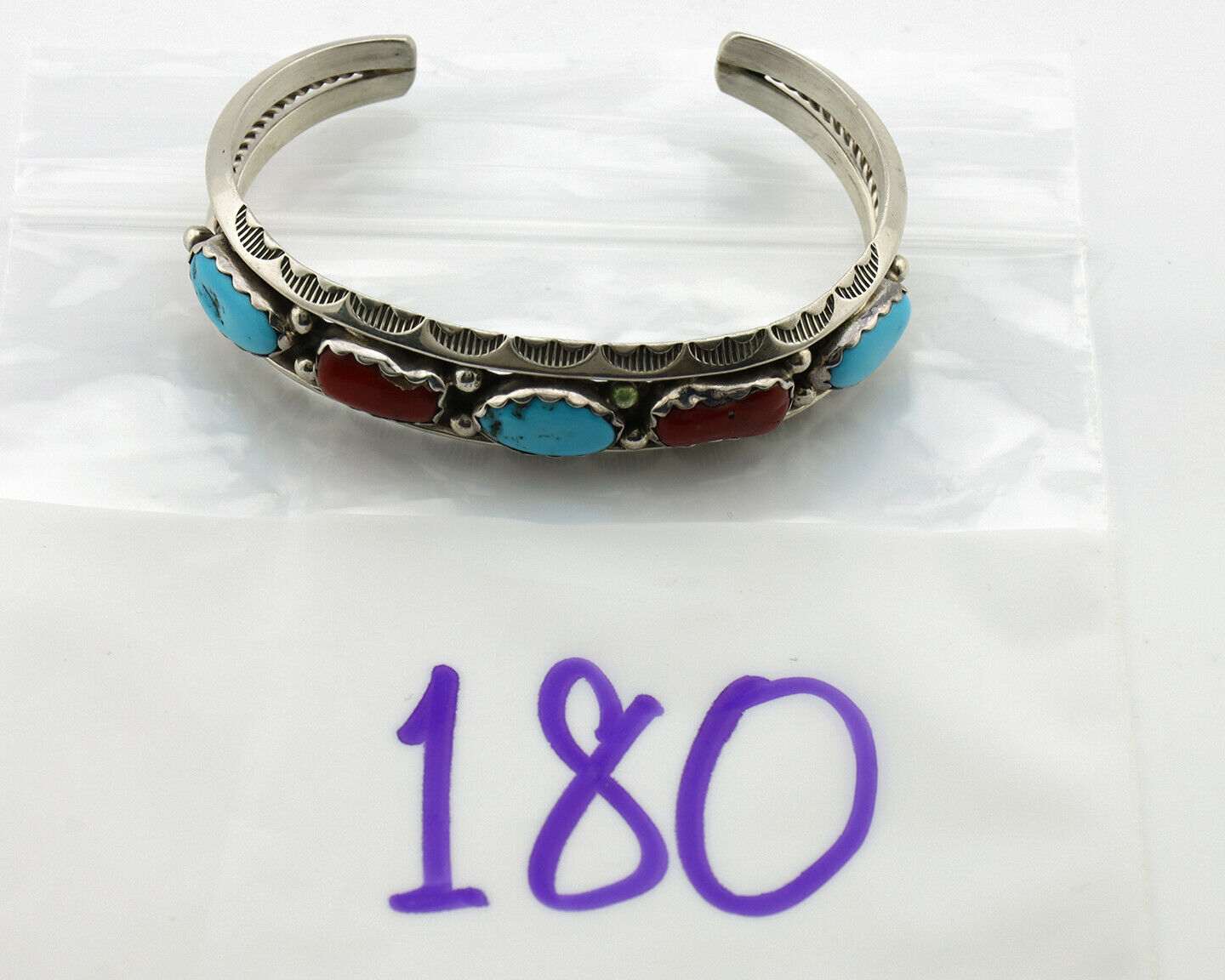 Navajo Bracelet .925 Silver Turquoise & Coral Artist Larry Moses Begay C.90's