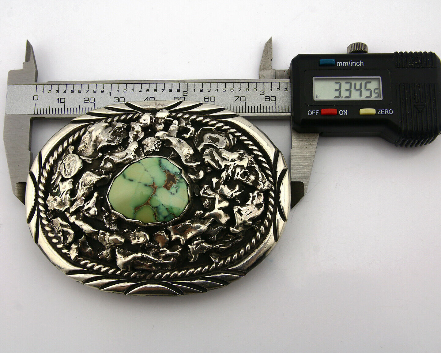 Navajo Belt Buckle .925 Silver Variscite Native Artist Signed C Montoya C.80's